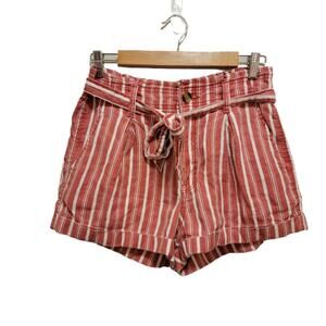 American Eagle Red Linen Blend Short Striped Paper Bag Waist Size 8 #077